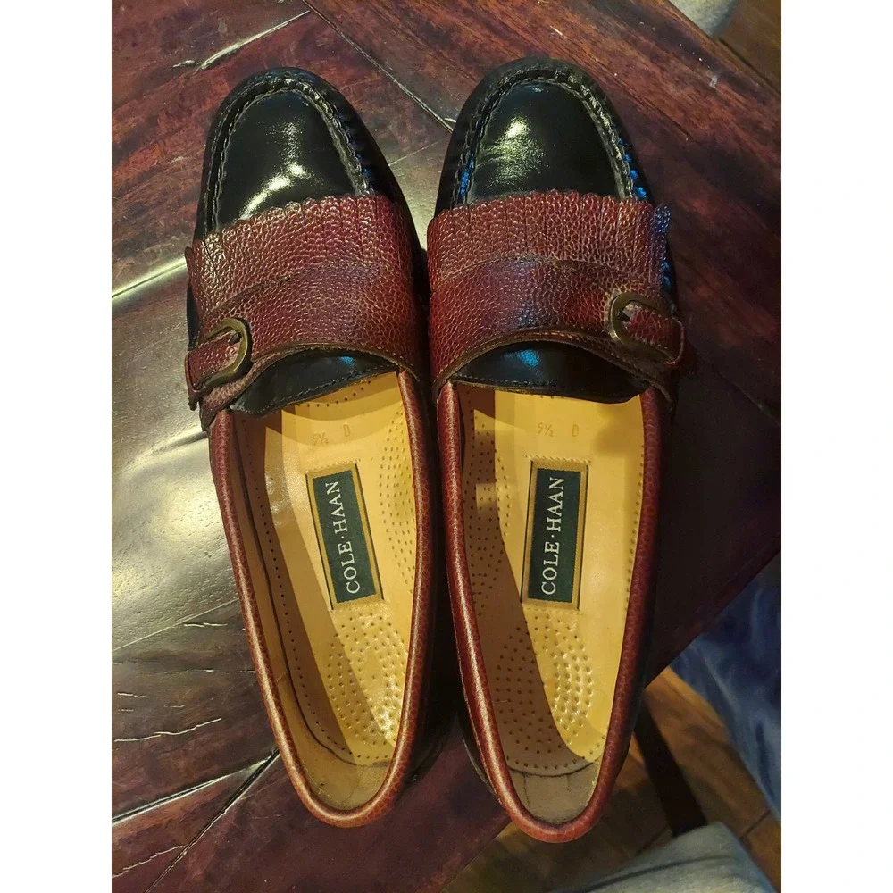 Cole Haan Vintage Mens 9.5 D Black Burgundy Kiltie‎ Monk Strap Loafers Leather